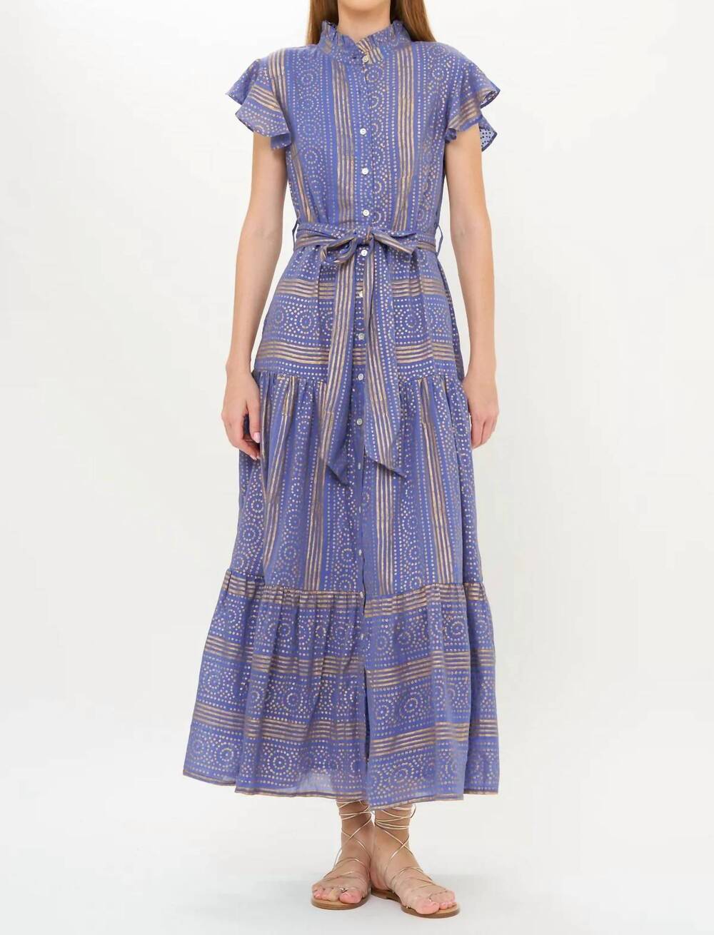NEW OLIPHANT ruffle collar button midi dress in helene blue